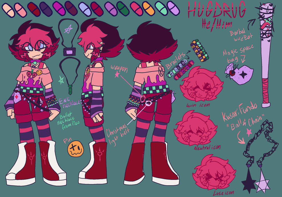 reference sheet for the character HugDrug from my series Lunar Pantheon and his own in progress Friday Night Funkin Mod
