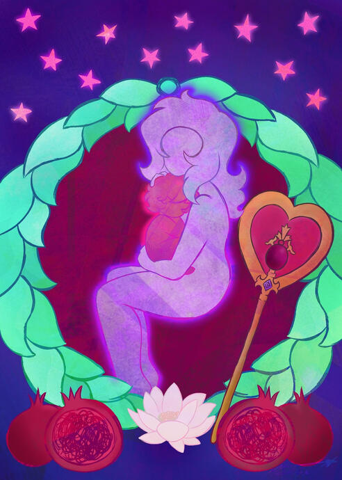 a piece drawn for my sister as a christmas gift when she had her baby. its inspired by the tarot cards: The Empress, The World, and Wheel of Fortune. (image had to be reduced to fit here sorry for quality)
