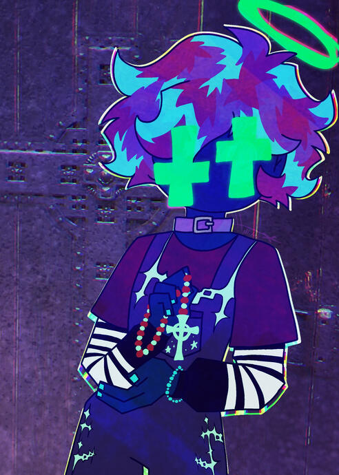 This piece is inspired mostly by Awsten Knight- the singer from the band Waterparks. there is also udnertones of the empress card through the pose. in the background is a picture of a cathedral door i took and distorted soemwhat