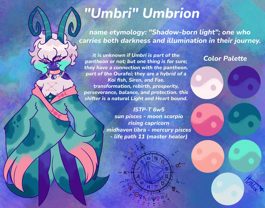 A reference image of Umbrion- an Ourafae Shifter based off Koi fish, Sirens, Fae. with an hourglass like constellation. they are a being of balance and high spirituality power.