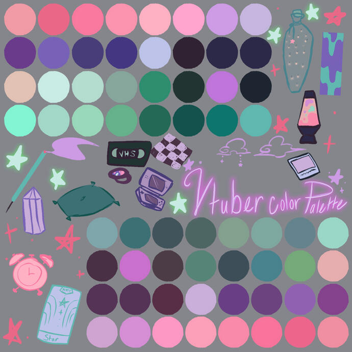 a color palette for my vtuber design before the rebrand. even so i used this as heavy inspiration for the rebrand as well